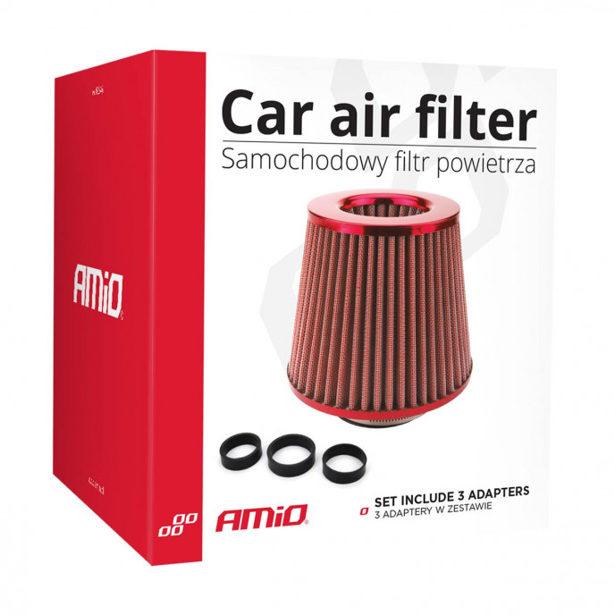 Car Air Conical Filter rood, universeel, 3 montageadapters AMIO-01042