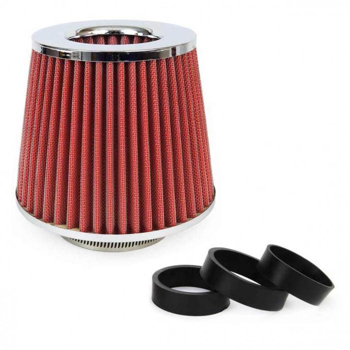 Auto Conische filter rood/chroom, universeel, 3 bevestigingsadapters AMIO-01282