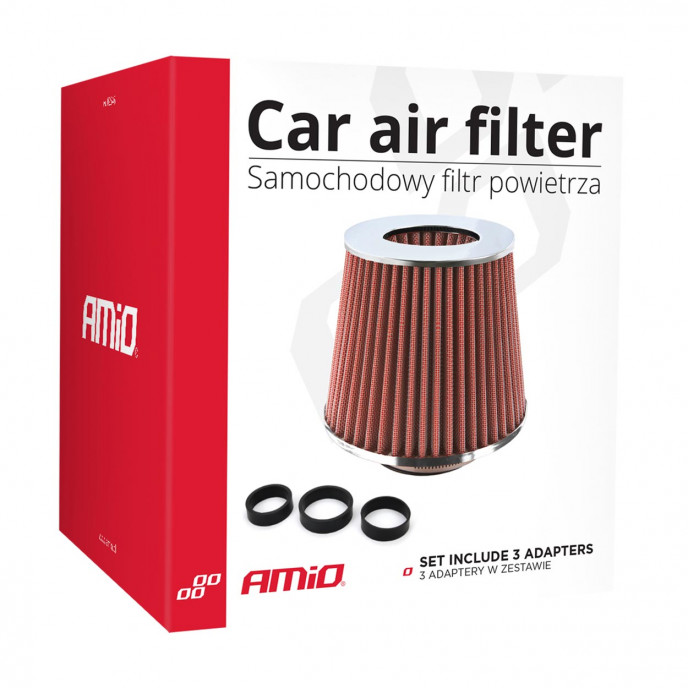 Auto Conische filter rood/chroom, universeel, 3 bevestigingsadapters AMIO-01282