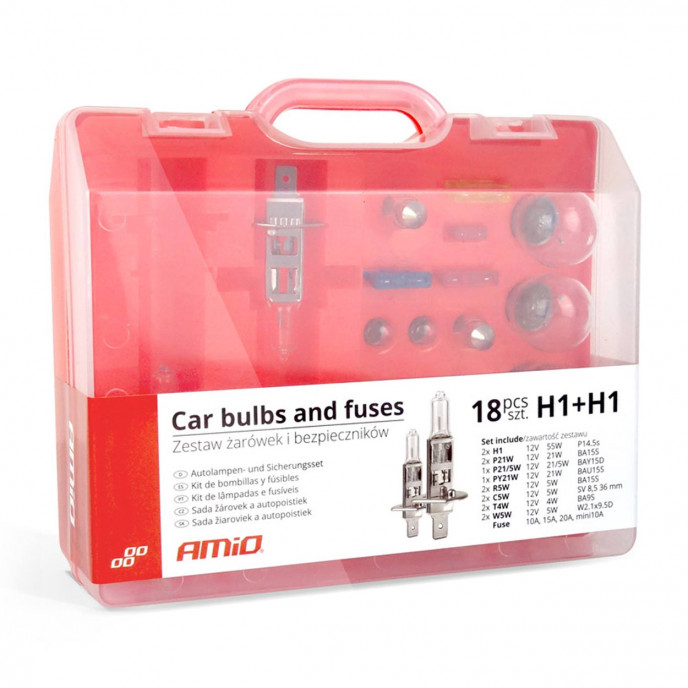 Autolampen en zekeringen 18 stuks 2xH1 AMIO-01495