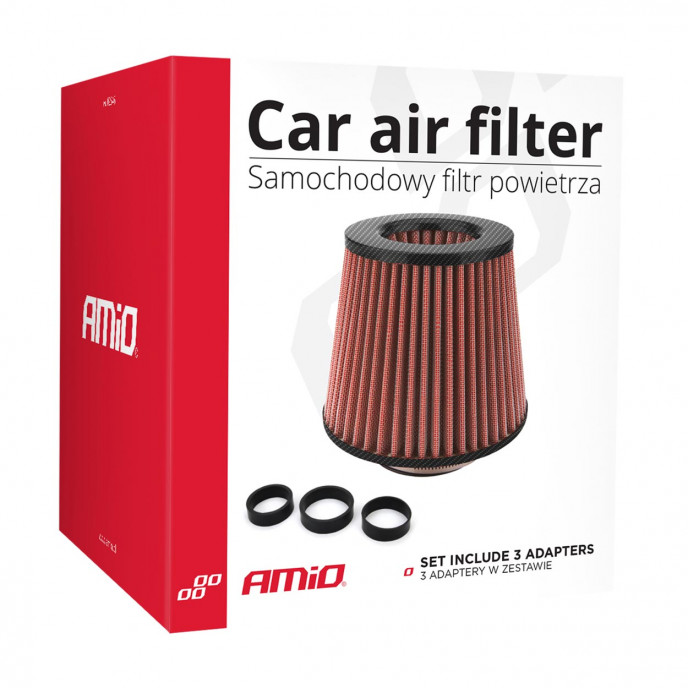 Car Air Conical Filter rood/carbon, universeel, 3 montageadapters AMIO-01713
