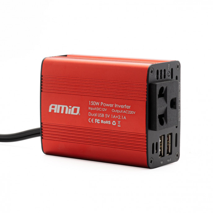 Omvormer AMiO 12V/230V 150W/300W 2xUSB PI01