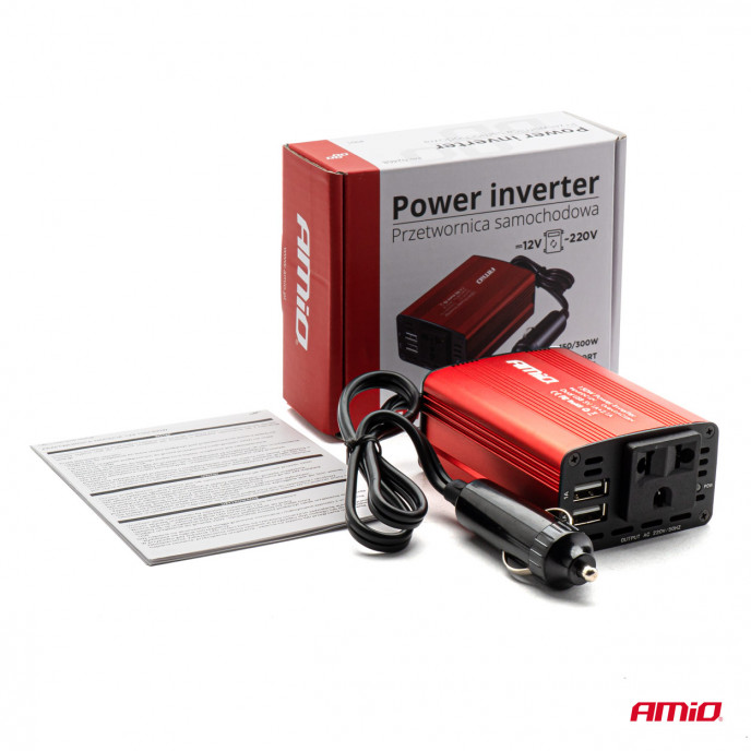 Omvormer AMiO 12V/230V 150W/300W 2xUSB PI01