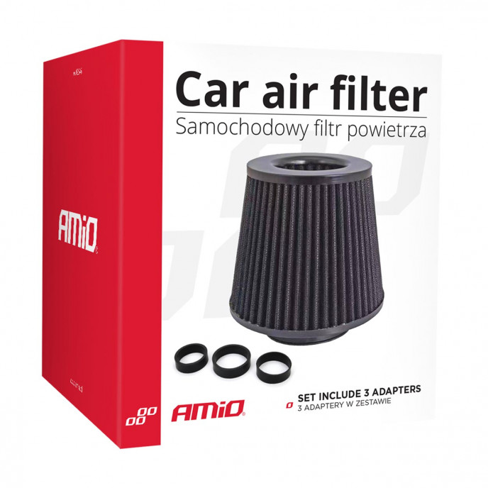 Car Air Conical Filter zwart, universeel, 3 montageadapters AMIO-02546