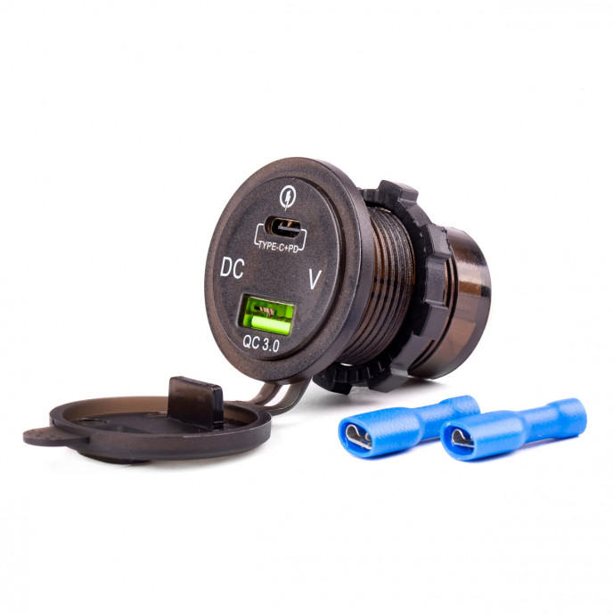 Waterdichte telefoonoplader met digitale voltometer USB + USB C 12/24V MOD-07