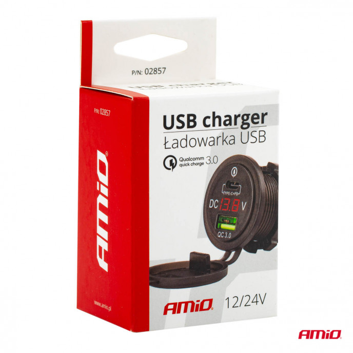 Waterdichte telefoonoplader met digitale voltometer USB + USB C 12/24V MOD-07