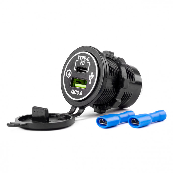 Waterdichte telefoonoplader USB+USB-C 12/24V MOD-08