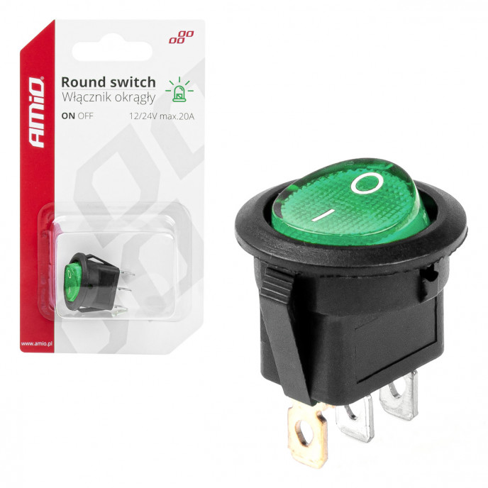 Ronde schakelaar met Groen Licht 12/24V 20A AAN/UIT