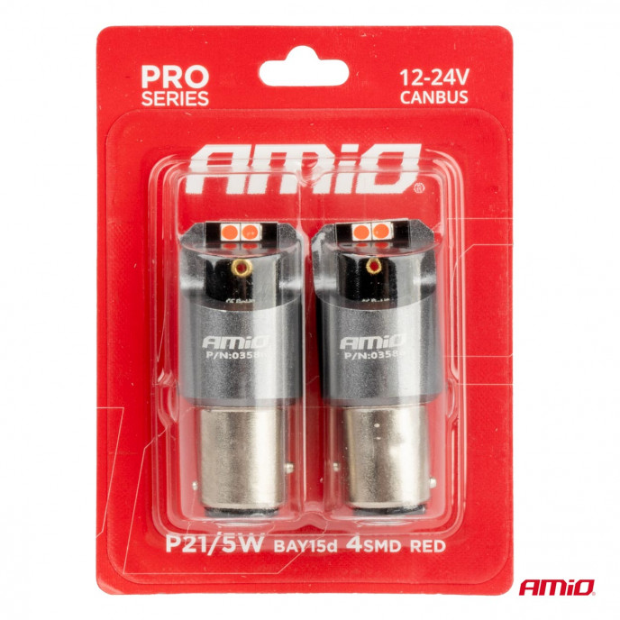 LED CANBUS PRO-serie BAY15D P21/5W 4x3030 SMD Rood 12/24V AMIO-03586