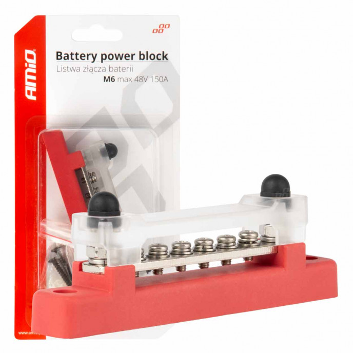 Grondverdeelblok plus rail M6 12V - 48V 150A AMIO-03810