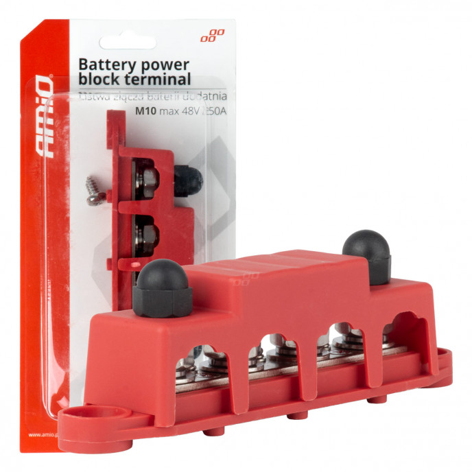 Grondverdeelblok plus rail M10 12V - 48V 250A AMIO-03812