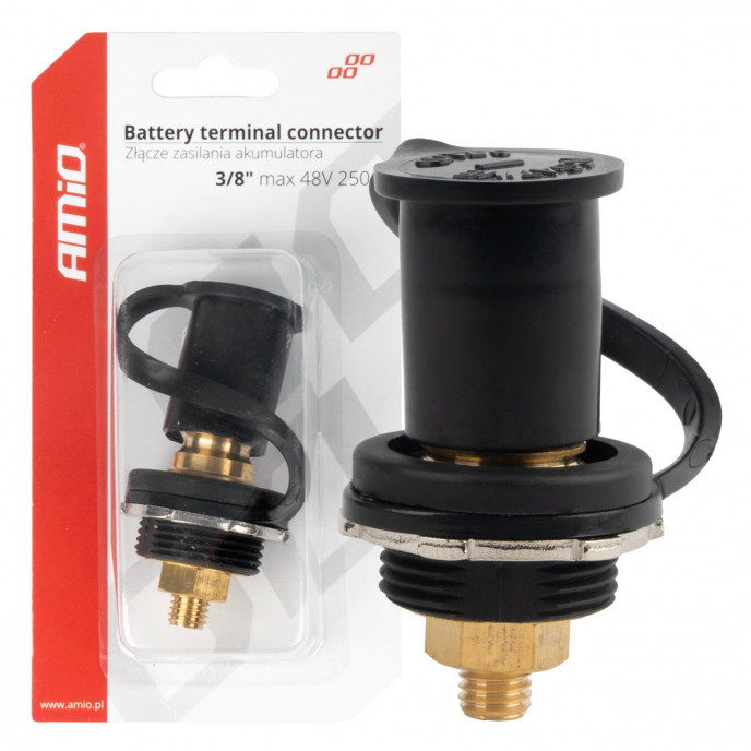 Batterijvoedingsconnector zwart min met dop 3/8 M10 12V 24V 48V 250A AMIO-03813