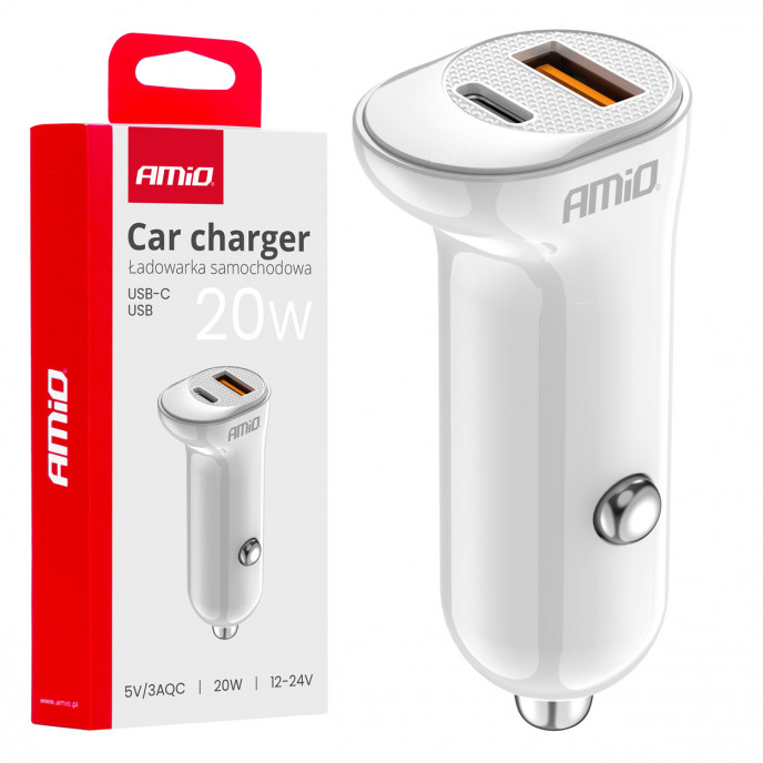 Autolader USB-A+ USB-C 20W 12/24V AMiO-03875