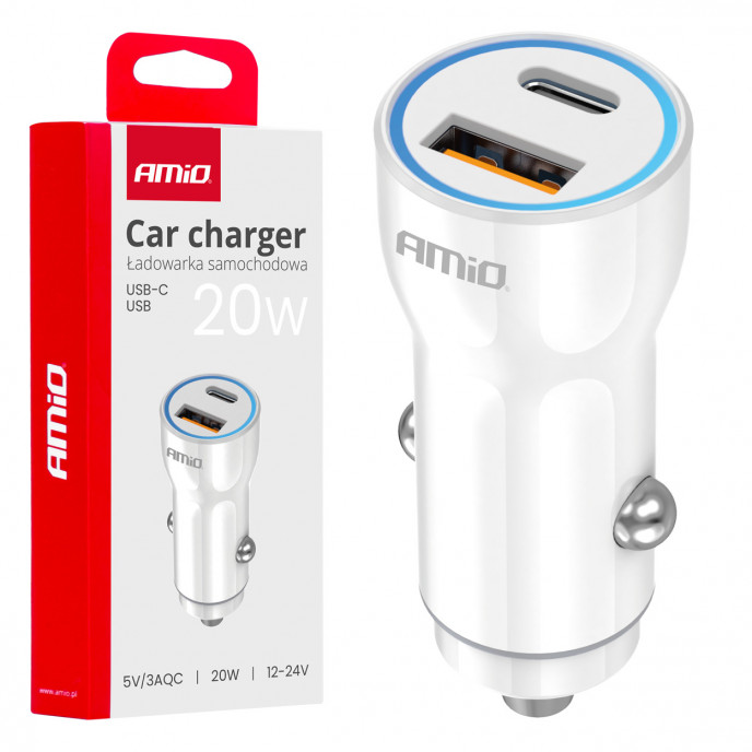 Autolader USB-A + USB-C 20W 12/24V AMiO-03881