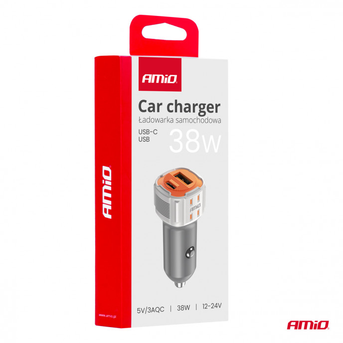 Autolader USB-A + USB-C 38W 12/24V AMiO-03883