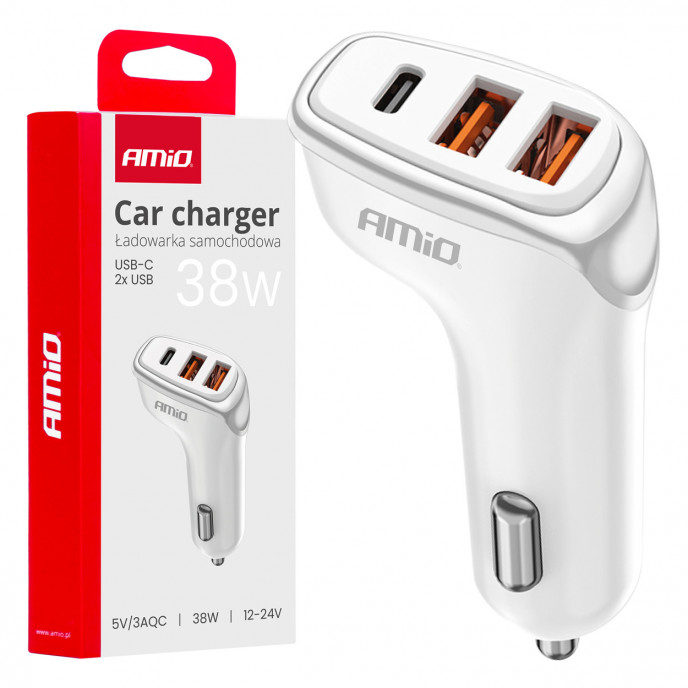 Autolader 2x USB-A + USB-C 38W 12/24V AMiO-03886