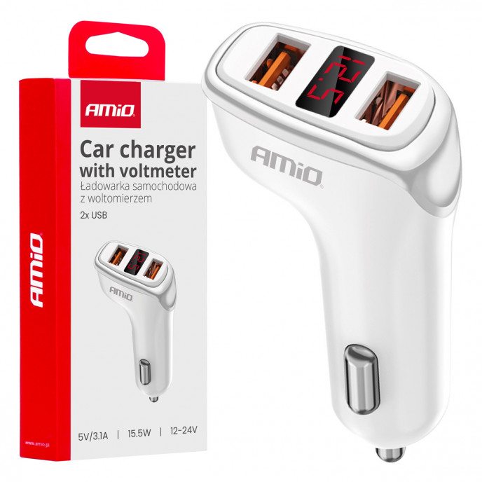 Autolader 2x USB-A + batterijcheck 3.1A 12/24V AMiO-03887