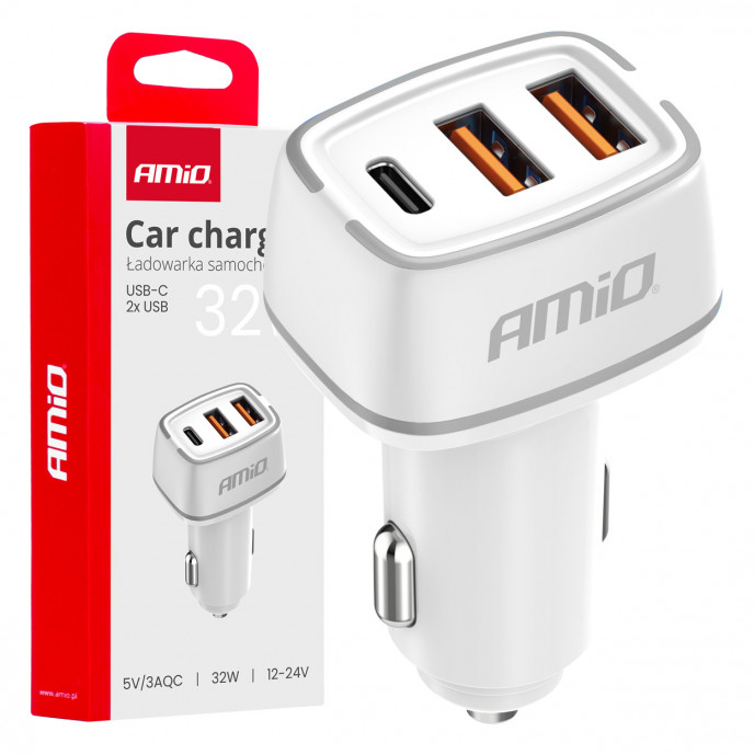 Autolader 2x USB-A + USB-C 32W 12/24V AMiO-03890