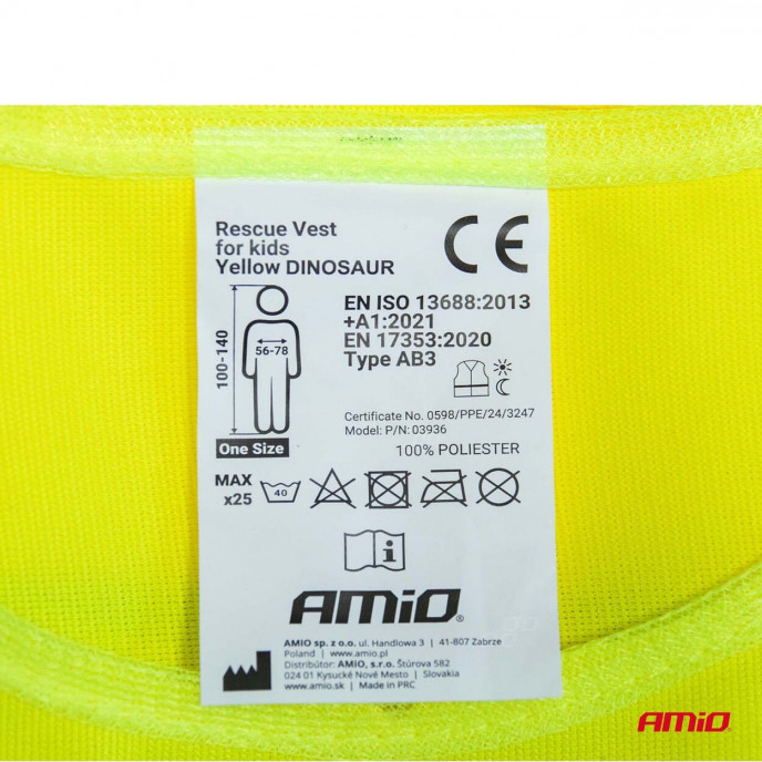 Veiligheidsvest voor kinderen geel met certificaat DINOSAUR AMIO-03936