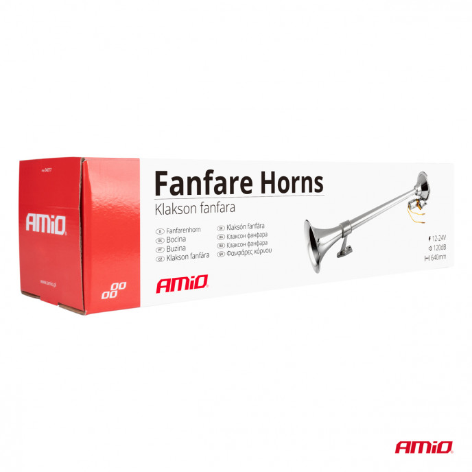 Claxon fanfare geluidssignaal chroom 640mm 12V 24V AMIO-04076