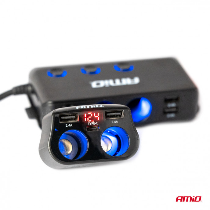 Dubbel Verlengstopcontact 2xUSB 1xUSB C 12/24V max 200W AMIO-04173
