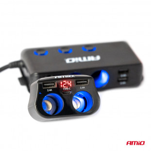 Dubbel Verlengstopcontact 2xUSB 1xUSB C 12/24V max 200W AMIO-04173