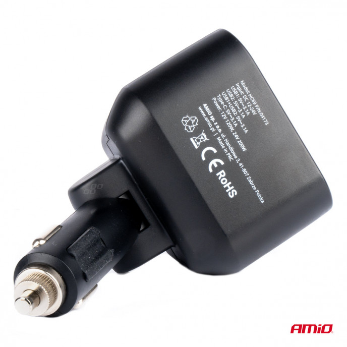 Dubbel Verlengstopcontact 2xUSB 1xUSB C 12/24V max 200W AMIO-04173