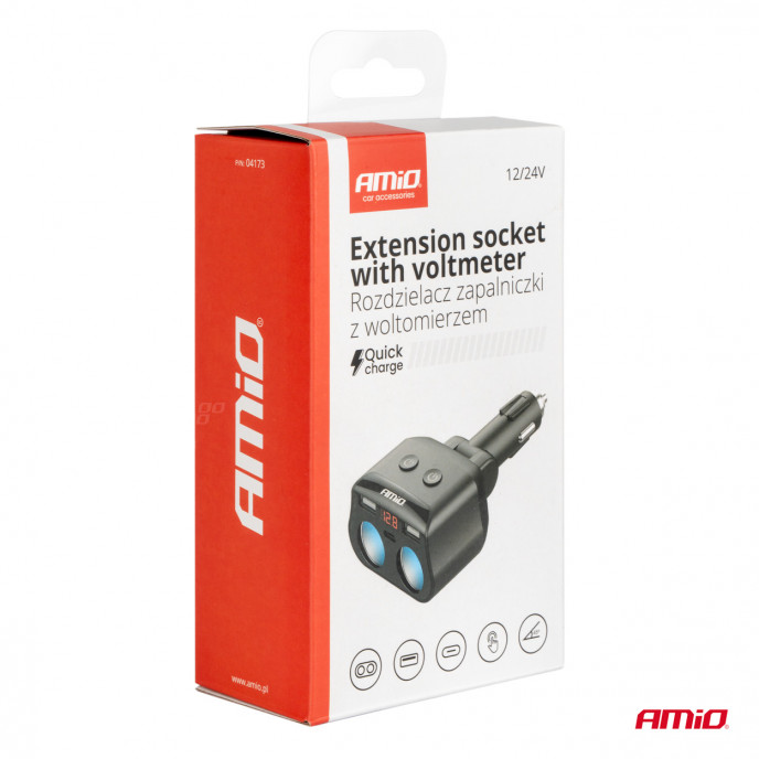 Dubbel Verlengstopcontact 2xUSB 1xUSB C 12/24V max 200W AMIO-04173