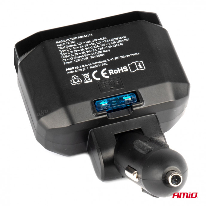 Dubbel Verlengstuk PD30W PD20W QC3.0 12/24V max 200W AMIO-04174