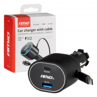 Snelle autolader 3.0 met 30W C intrekbare kabel PD20W AMIO-04176
