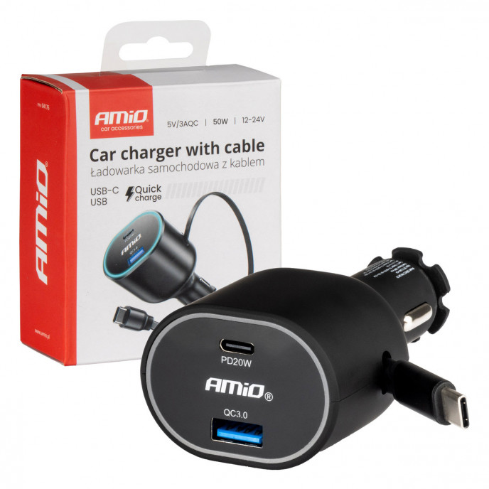Snelle autolader 3.0 met 30W C intrekbare kabel PD20W AMIO-04176