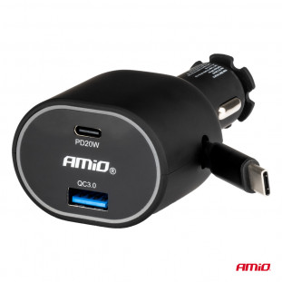 Snelle autolader 3.0 met 30W C intrekbare kabel PD20W AMIO-04176