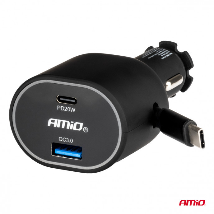 Snelle autolader 3.0 met 30W C intrekbare kabel PD20W AMIO-04176