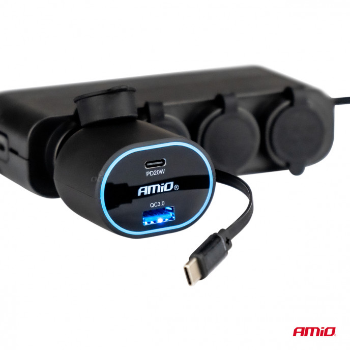 Snelle autolader 3.0 met 30W C intrekbare kabel PD20W AMIO-04176