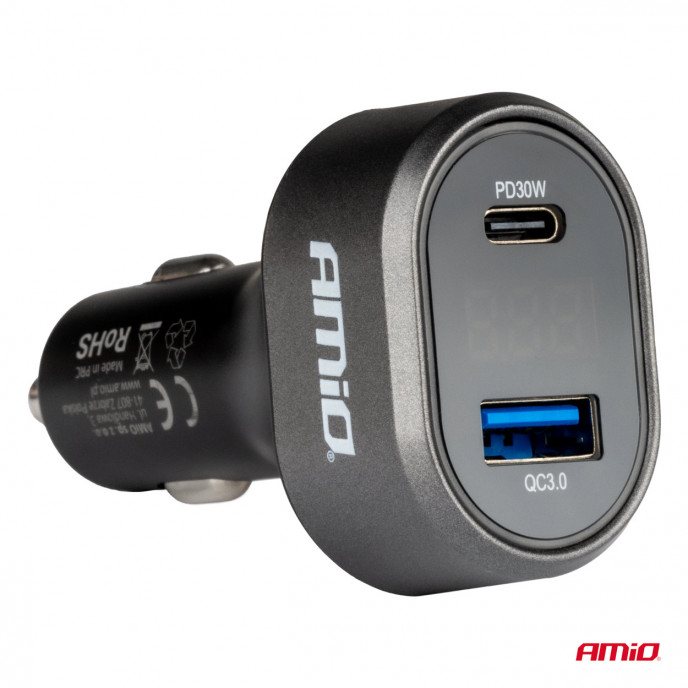 Snelle autolader met voltage LED-display 3.0 PD30W AMIO-04178