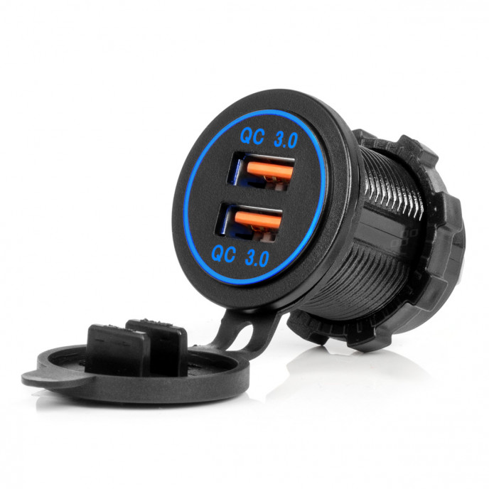 Waterdichte telefoonoplader met BLAUWE LED-achtergrondverlichting 2xUSB QC3.0 12/24V AMIO-04218