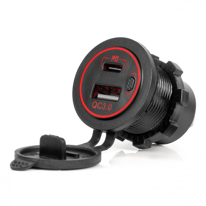 Waterdichte telefoonoplader met RODE LED-achtergrondverlichting 2xUSB QC3.0 12/24V AMIO-04221