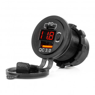 Waterdichte telefoonoplader ,schakelaar RODE LED-indicator Digitale voltomtr USB+USB C QC3.0 12/24V