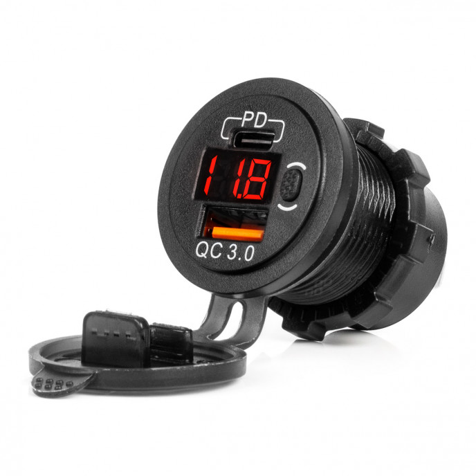 Waterdichte telefoonoplader ,schakelaar RODE LED-indicator Digitale voltomtr USB+USB C QC3.0 12/24V