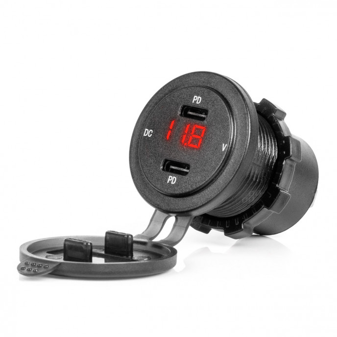 Waterdichte telefoonoplader met RODE LED-indicator Digitale voltometer 2xUSB C 12/24V AMIO-04225