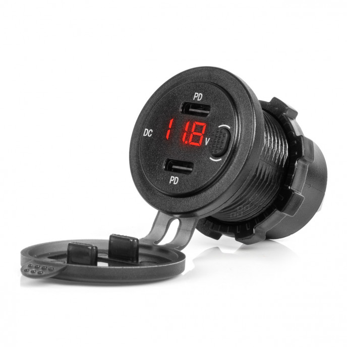 Waterdichte telefoonoplader met schakelaar RODE LED-indicator Digitale voltometer 2xUSB C 12/24V 