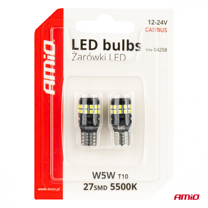 LED CANBUS-lampen T10 W5W 27SMD 2016 Wit 12V/24V AMIO-04258