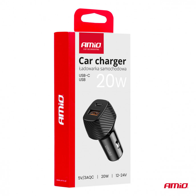 Autolader QC+PD 20W USB-A + USB-C AMIO-04282