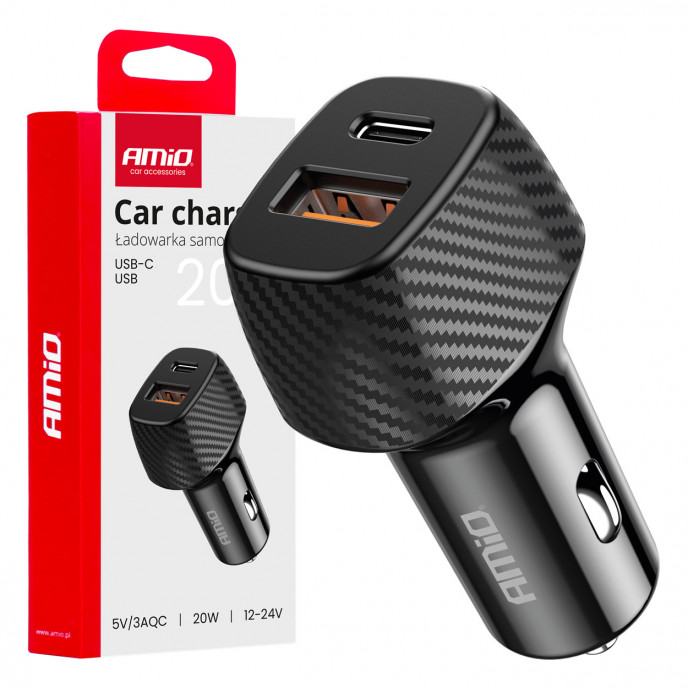 Autolader QC+PD 20W USB-A + USB-C AMIO-04282