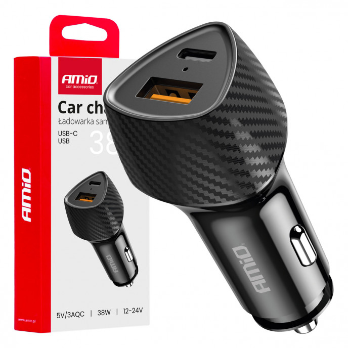 Autolader QC+PD 38W USB-A + USB-C AMIO-04283