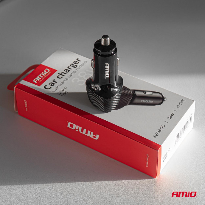 Autolader QC+PD 38W USB-A + USB-C AMIO-04283