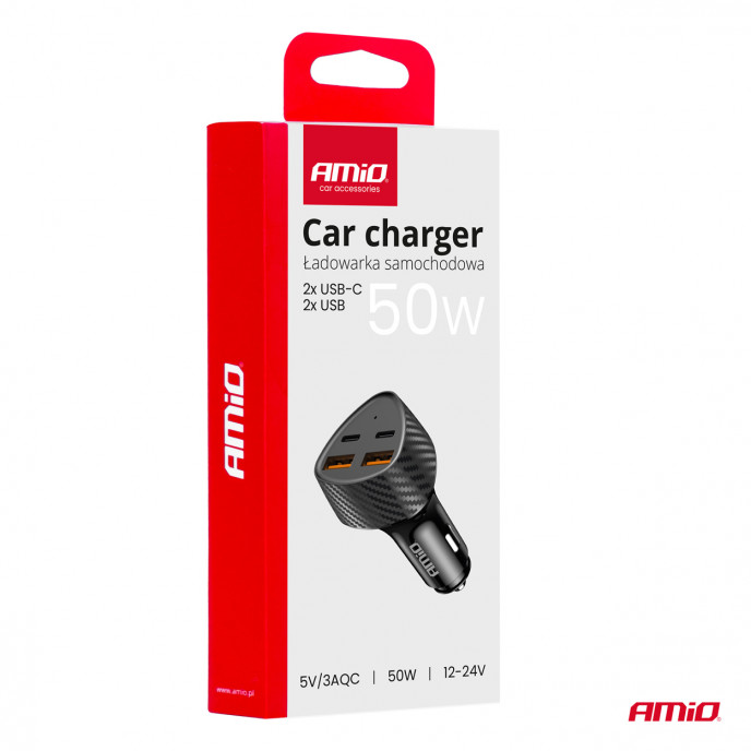 Autolader 50W 2xUSB-A + 2xUSB-C AMIO-04284