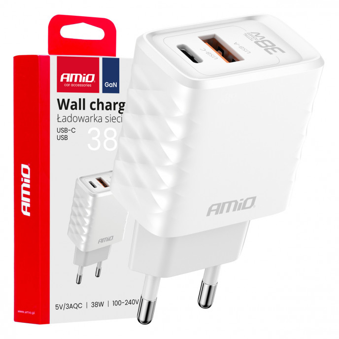 Wandlader Snellader GaN 38W USB-A + USB-C AMIO-04287