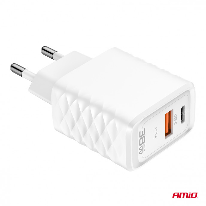 Wandlader Snellader GaN 38W USB-A + USB-C AMIO-04287