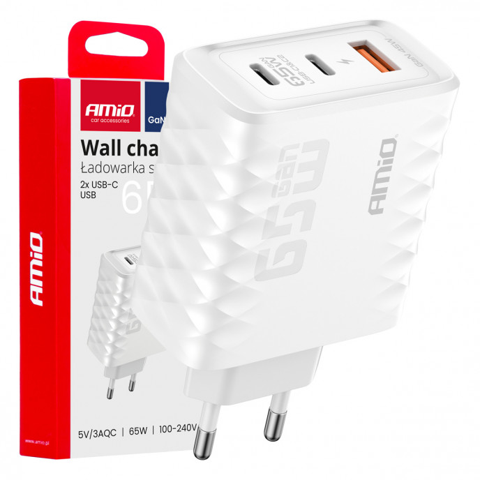 Wandlader Quick Charge 65W USB-A + 2xUSB-C AMIO-04289